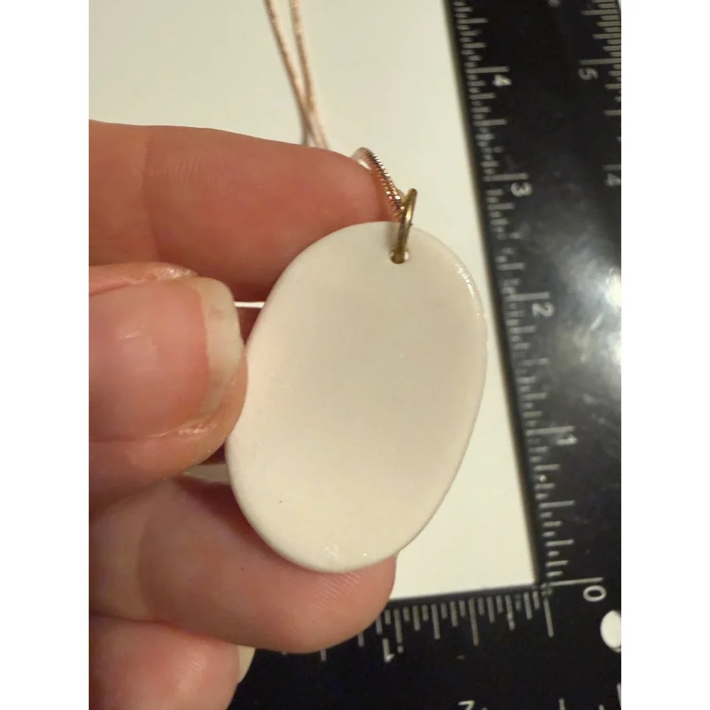 Handmade Ceramic Oval Pendant Necklace Blue Bow White Porcelain Gold Tone‎ Chain